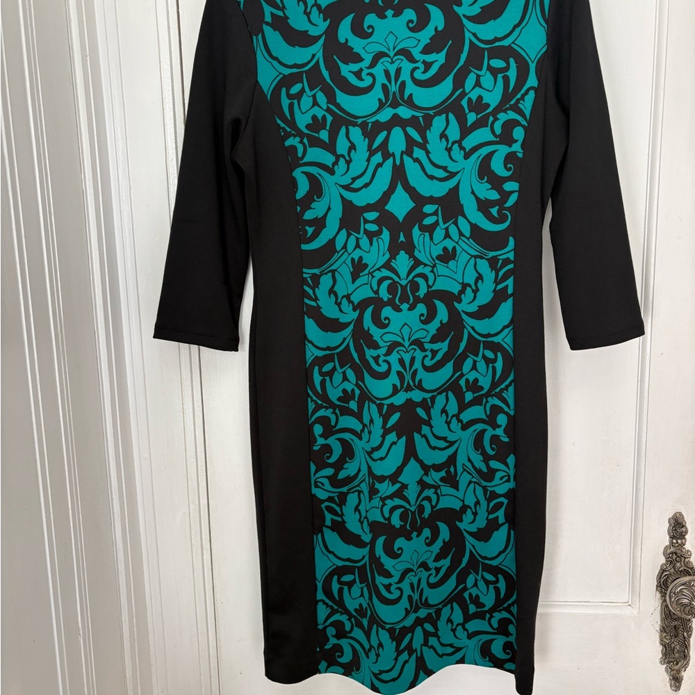 New York & Company Black Dress with Teal Damask Panel